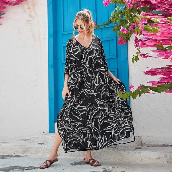 Plus size boho encobrir a feminina Floral Print Batwing Sleeve v pescoço maxi Split Kaftan Beach Dress