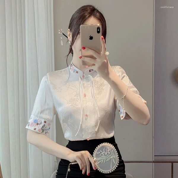 Blouses feminina Camisa de bordado de cetim verão mulheres chinesas mulheres soltas manga curta tops vintage roupas de moda ycmyunyan