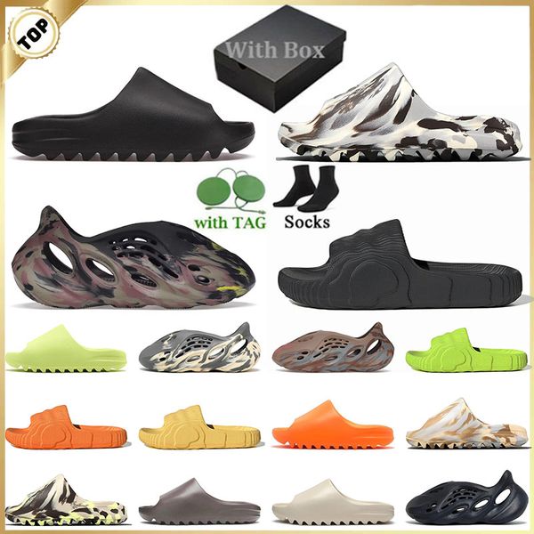 NOVO COM SANDALS DE SANDALS DE SANDALS DE CAIXA SLIPER SLIDES SLIDES VERMILHONIONS Minerais Resina Blue House Mens Designer Sapatos de espuma Corredores deslizantes planos ao ar livre