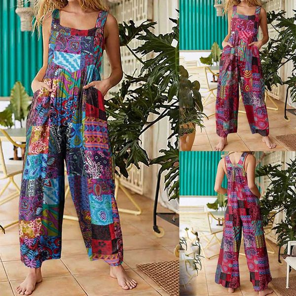 Jumpsuits von Frauen Rompers Frauen ethnische Style -Jumpsuits Sommer Overalls Lticolor Square Neck Sleless Casual Rompers mit Taschen für Mädchen -Spielanzug D240507