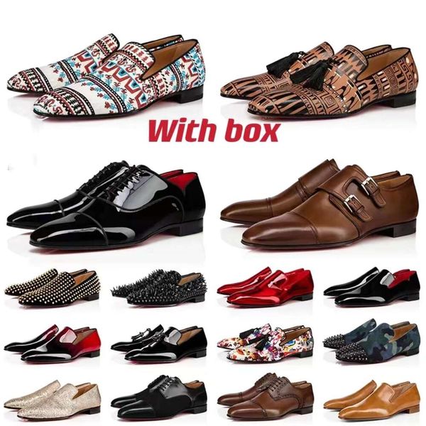 mit Box 2024 Red Bottoms Herren Designer-Kleidungsschuhe spitzer Zeh Schwarz Wildleder Patentleder Nieten Glitter-Laibers Männer Mode Sneakers Party Hochzeitsschuh 38-47