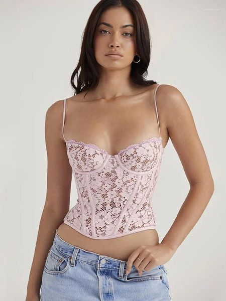 Tanques femininos chique e elegante crochê renda rosa tops mulheres sexy peito acolchoado camis vestes de rua de rua