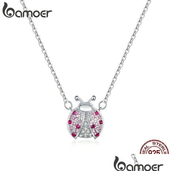 Collane a sospensione BAMOER GENUINA 925 Sterling Sier Pink Cz Cim Ladybug Insect Chain Collana per donne 45 cm Gift per bambini Gioielli fine Dhtku Dhtku