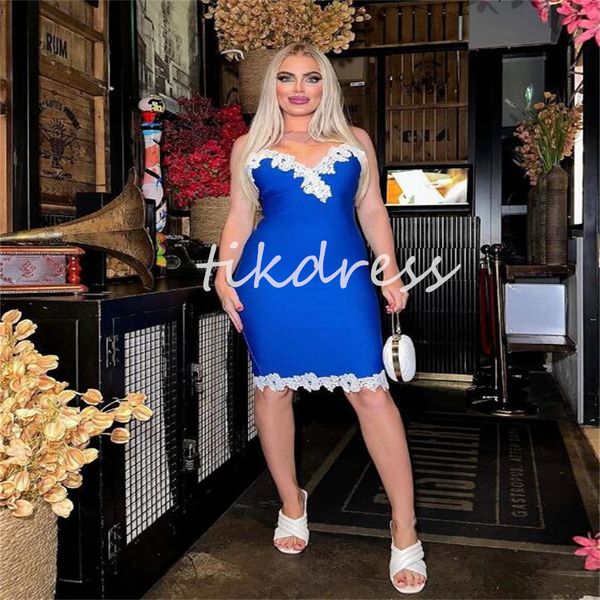 Vestidos de baile curtos azuis simples com apliques brancos vestido de festa de férias de verão 2024 vestido de coquetel elegante para mulheres vestidos de aniversário vestidos galas
