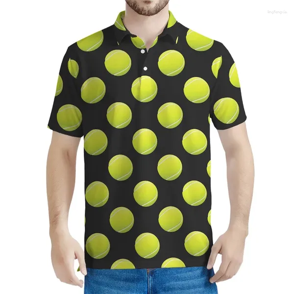 Erkek Polos Tenis Ball Raket Grafik Polo Gömlek Erkekler 3D Baskılı T-shirt Üstler Yaz Büyük Boy Kısa Kollu Gündelik Düğme Tişörtleri