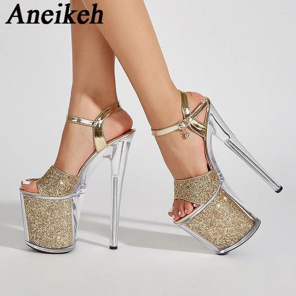 Обувь обувь Aneikeh 2024 Сексуальная платформа для ткани с блестками супер высокие каблуки женская подошва Прозрачная пряжка Сандалий Сандалий Стрип Полюс танец