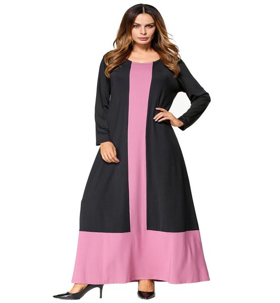 Farbblock Patchwork Maxi Langes Kleid Muslim Kaftan Frauen Maxi Kleider schwarz rosa runde Hals Langarm Roben Herumbstern8990471