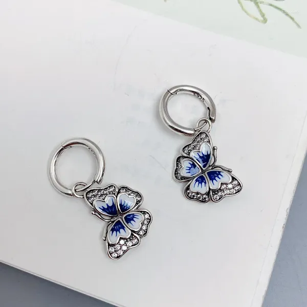 Orecchini penzolanti Ethnic 925 Sterling Silver Blue Butterfly Cuckle Drop Drop Vintage Zircone Small Women Girls Girls Jewelry