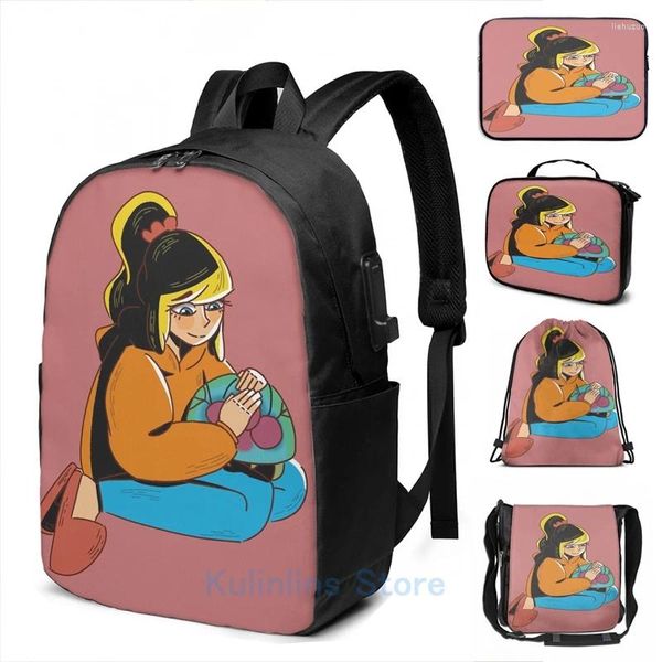 Mochila Impressão gráfica engraçada relaxando com bebê USB Charge Men Bags da escola Laptop de viagens de bolsa