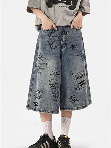 Calça feminina divertida graffiti padrões de perna larga shorts jeans azul