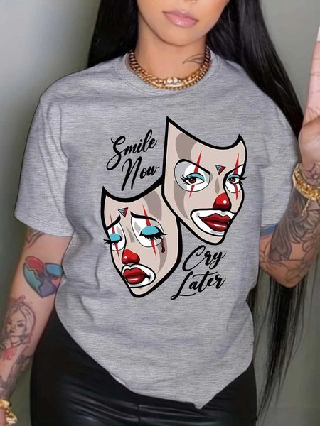 T-shirt da donna Maschera da clown Stampa Equipaggio Maglietta per grafica casual Women Cotton Plus Size Short Slve Vintag Strt Tshirts Y240506