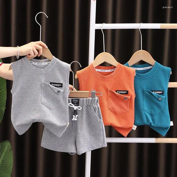 Kleidung Sets Modes Kinder Sommer Jungen/Mädchen Weste Set Baby Solid Waffle ärmellose Kleidung T-Shirts Shorts 2pcs Kinder Freizeitsportarten