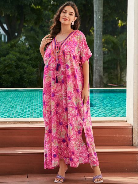 Donne Stampano l'abito in kaftan in kaftan con taglie forti taglie taglienti caftan loungewear vneck costume da bagno con il cofano 240426