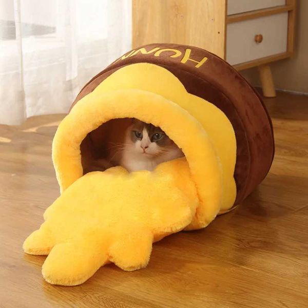 Camas de gato móveis gatos cama casa super macia panela mel em forma de ninho de estimação confortável produtos de cachorro removível gatinho amigável com a pele com fossa interna D240508