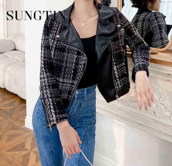 Sungtin Vintage вязаная твидовая панель короткая искусственная кожаная куртка Women Fashion Long Roomves Кожаные куртки Элегантная кожаная куртка PU8151792