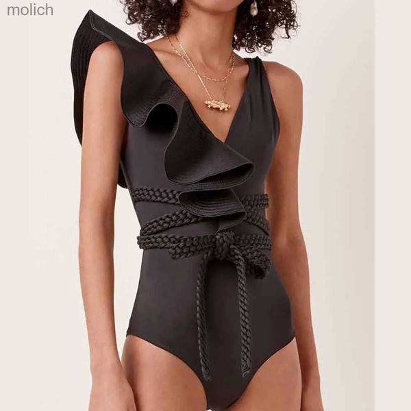 Женские купальники 2024 Новая сексуальная рюша Solid Black One Piece Strappy One Plouds Swimwear Женщины купания купания купания костюма без спины пляж и одежда Monkini WX