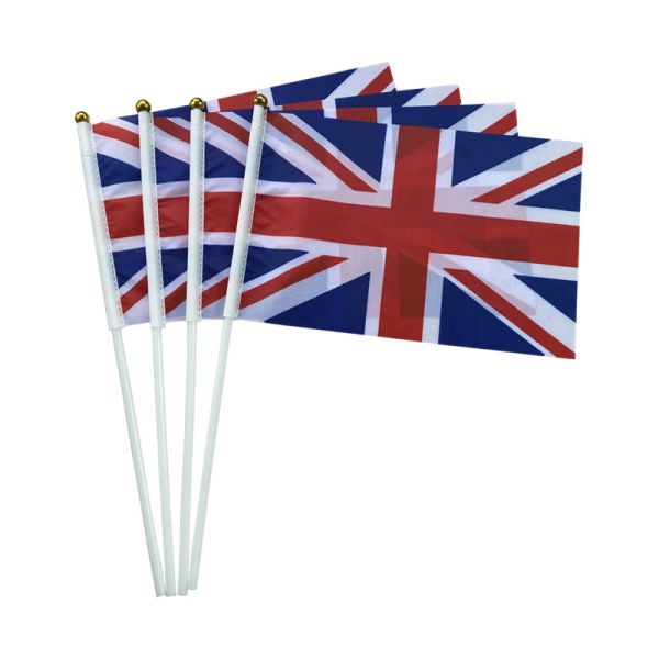 Accessoires aerlxemrbrae 100pcs 21*14 cm England Handflagge UK Flagge Flagge Großbritannien Großbritannien Banner mit Plastikmasten