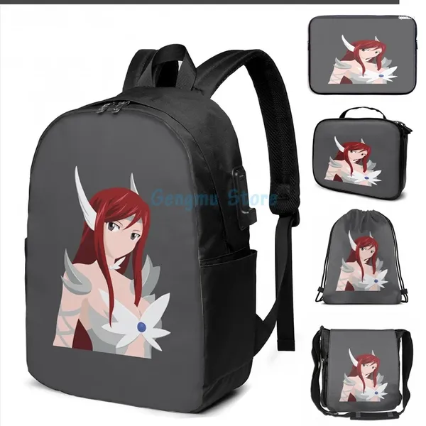 Mochila Impressão gráfica engraçada Erza Scarlet (8) USB Charge Men Bags Escola Baga Laptop de Viagem para Viagem