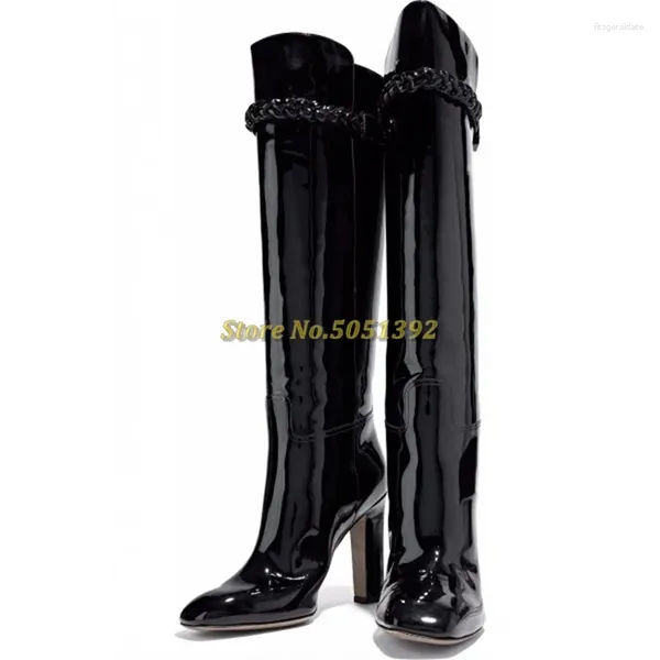 Botas Black Patent Leather Alto salto no joelho até o joelho-altíssimo, com decoração de trança de torção redonda de dedão personalizado