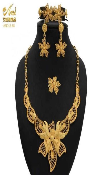 Jewlery aniid Set di gioielli di fiori oro nigeriano per donna bracciali indiani La collana da sposa e orecchini da sposa etiopi H3561907