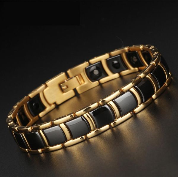 Gold Edelstahl handgefertigtes Schmuck Klassiker Link Magnetisches Armband Männer Gesundheit Freundschaft Männer Schwarze weiße Keramikarmbänder 6339200