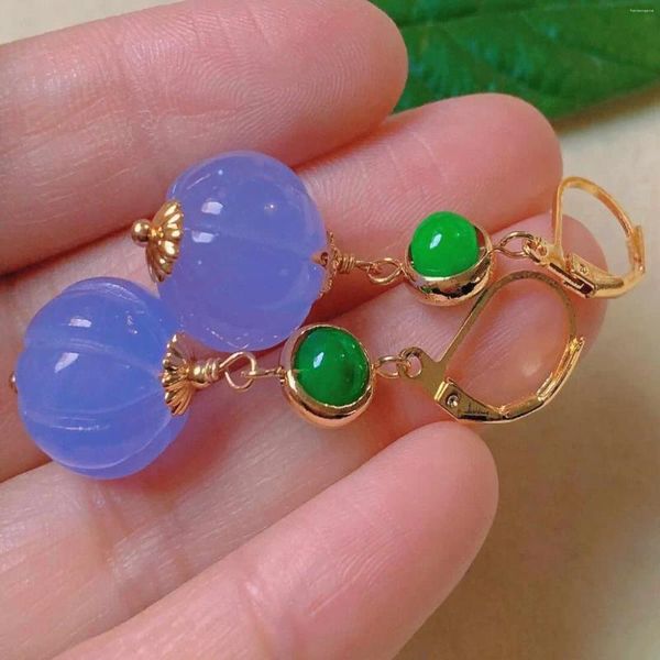 Orecchini a pennaglie naturale a forma di zucca dal calcedonio viola Jadeite Gold Oreger Hoop Candelier fatti a mano in perno personalizzato da donna Casual