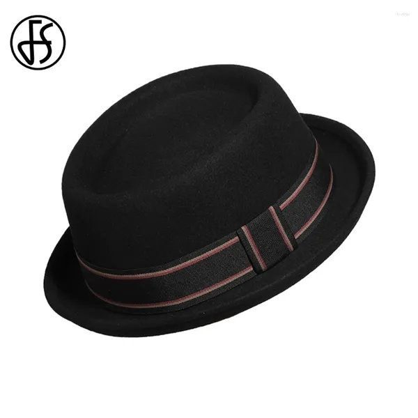 Berets fs gentlemen 2024 Roll Brim свиные шляпы для мужчин Unisex Simple Black Jazz Cap Wool Fedoras Panama Gangsters Caps