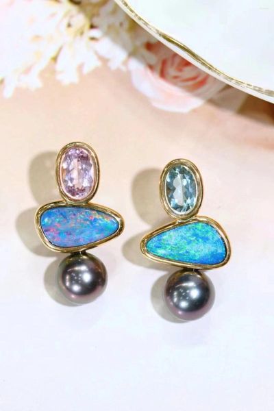 Brincos de garanhão S925 Silver vintage Funky Natural Opal Black Pearl