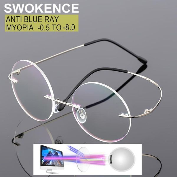 Солнцезащитные очки Swokence против Blue Ray Rimless Rimless Grimpress Myopia Glasses -0 5 до -8 0 Мужчины Женщины Круглый Кадр.