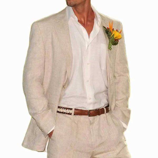 Мужские костюмы Blazers Beige Linen Mens Mens 2-пляжная свадьба Американская куртка с брюками формальные женихи Хвостовая одежда (куртка+брюки) Q240507
