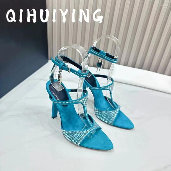 SCARPE DREST 2024 EST Summer Sexy Kid Suede in pelle scamosciata caviglia a tratto a tratto di tacco alto sandali Blingling di cristallo banchetto Stiletto Lady