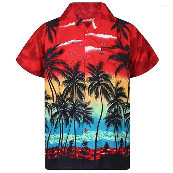 Erkekler Sıradan Gömlek Hawaii Palmiye Ağaçları 3D Baskı Erkek Gömlek Erkek/Kadın Moda Kısa Kollu Yakel Düğme Üstler Büyük Boy Unisex Giysileri