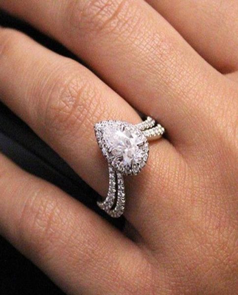 Anel de noivado de casamento romântico com forma clara de pêra cúbica pavão de zircônia, definindo anéis de jóias de alta qualidade Women9851286