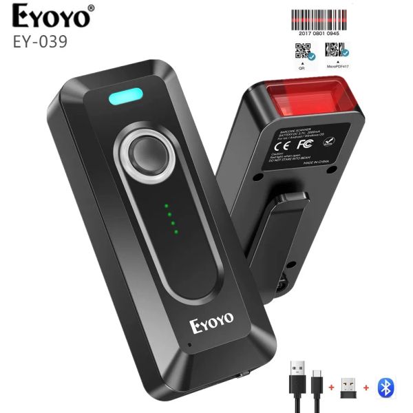 Scanners eyoyo ey039 2d bluetooth barcode scanner sem fio com clip 2000mAh Indicador de bateria portátil Mini QR Código de barras Leitor