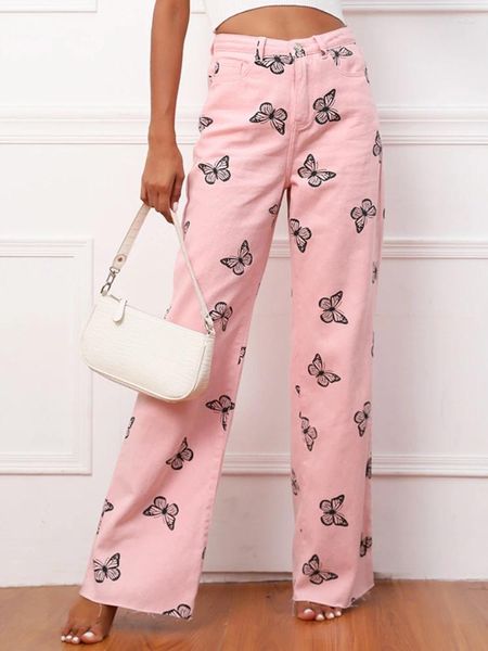 Женские джинсы бабочка напечатана прямая нога и свободные розовые брюки Женская мода Гранж Японская брюки y2k harajuku