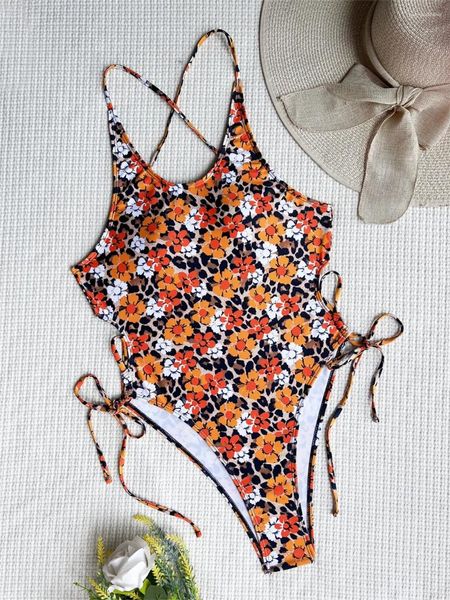 Swimwear's Swimwear Swim Sexy String Bikini senza schienale Set floreale Cross Strappy Swimsuit Swimsuit Women Beach Outfit Bareding Monokini