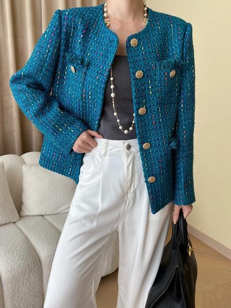 Jackets femininos de alta qualidade Button Button Tweed Tassel o pescoço de manga comprida Jaqueta de peito de peito azul elegante de tecelagem casual