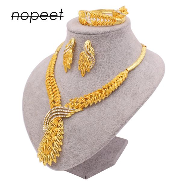 Nopet Supply Dubai 24K Gold Womens Schmuck Set Indische Braut Halskette Ring -Ohrring -Armband Vierpieze Set1114868