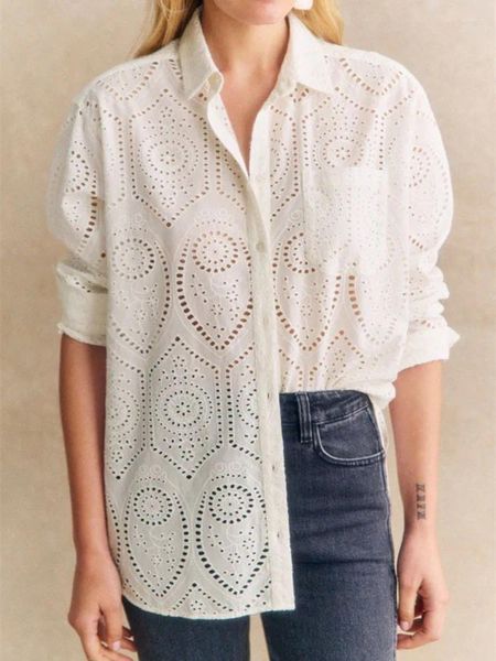 Kadın Bluzları 2024 İlkbahar Yaz Kadın Nakışları Beyaz Gömlek Pamuk Bir Cep Gevşek Dönüş Dönüşü Yakası Kadın Basit Bluz