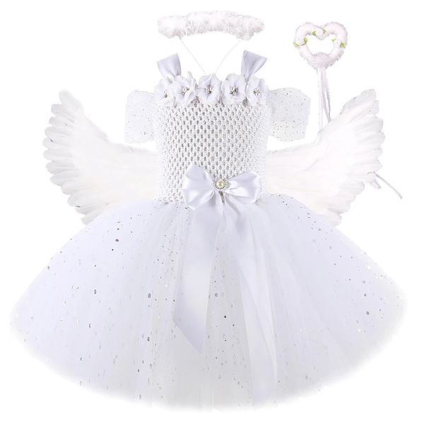 Funkelnde weiße Engel Kostüme für Mädchen Weihnachten Halloween Kleid für Kinder Blumenfee Tutu Outfit mit Flügeln Set Girl Clothes 240429