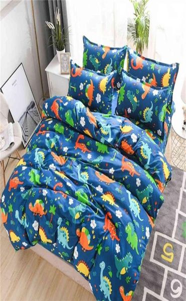 Cartoon Dinosaur per bambini Set di biancheria da letto da letto 4 pezzi Set di coperture per piumone Girl Boy Kawaii Copertina trapunta Foglio bianche