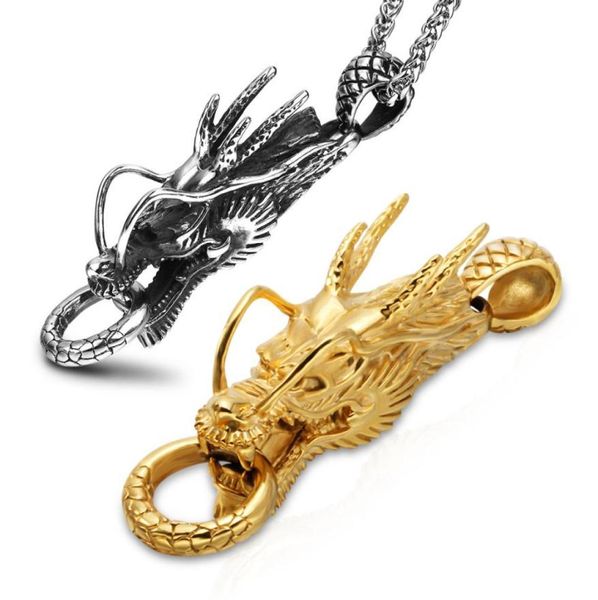 Simbolo della testa del drago cinese Pendants Nuovi uomini collana 316L Acciaio inossidabile 18K Gioielli placcati in oro 2994664