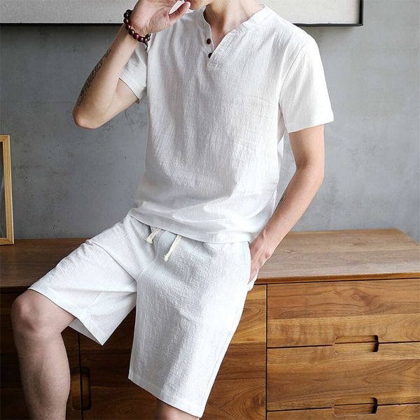 Conjunto de algodão e linho de verão, camiseta masculina de mangas curtas, versão coreana da moda, estilo de Buda casual, roupas sociais bonitas