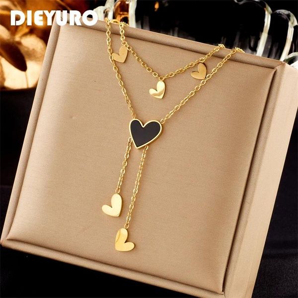 Colares pendentes Dieyuro 316l Colar de coração de aço inoxidável para mulheres Vintage Girls Clavicle 2in1 Chain Jewelry Birthday Gifts