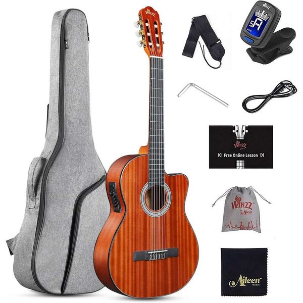 Winzz AC309CE 39 Zoll Cutaway Nylon-String Classical E-Gitarren-Aufbau-Pickup-Kit-Set Online-Lektionen-perfekt für Anfänger und erfahrene Spieler