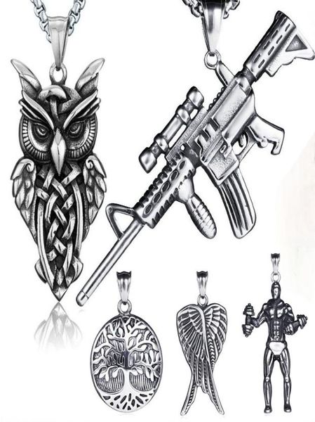Ancient retro di gioielli con collana hip -hop argento set in acciaio inossidabile pistola per canna da gufo ad ala ad ala di vita collane a sospensione con 5148132