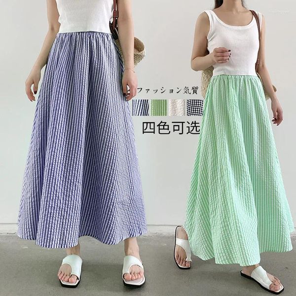 Юбки Tingyili Vintage Женская клетчатая клетчатая клетчатка A-Line длинная юбка с высокой талией бежевая черно-голубое зеленое корейское стиль повседневное макси-лето