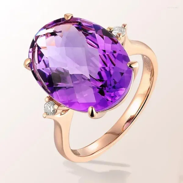 Rings de cluster Hoyon ovo de luxo 14k Rose Gold Rose Natural Amethyst Ring Feminino Purple Gemstone Zircon Boutique Jeia de casamento Acessórios