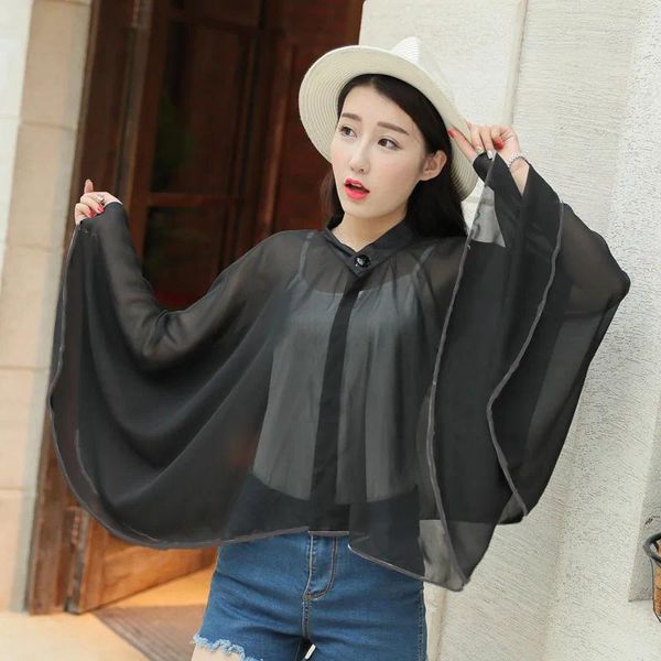 Mulheres de verão Ciclismo de movimentação de manga UV Provo de chiffon coreano Capinho solar Solshade Lady Shawl Shak Poncho Capes Black