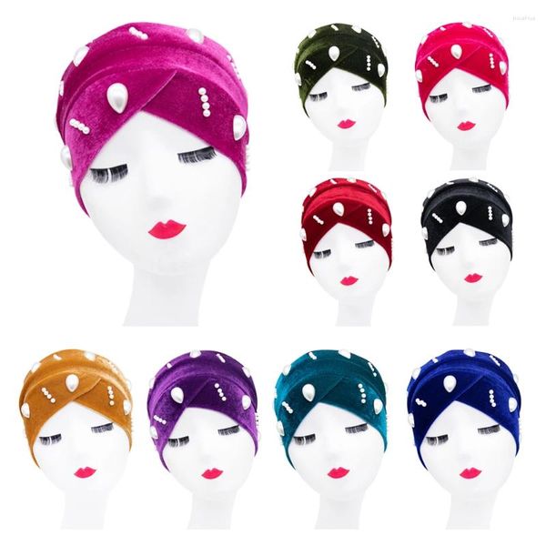 Ethnische Kleidung Perlen Velvet Turban Hat Style Head Wrap Schal Frauen Afrika Hijab Ladies Turbante Winter Motorhaube